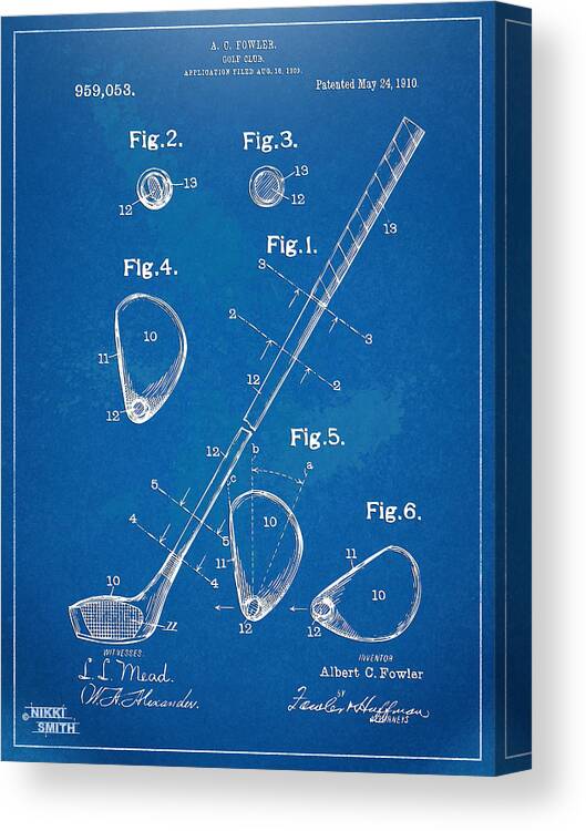 Golf Canvas Print featuring the digital art 1910 Golf Club Patent Artwork by Nikki Marie Smith