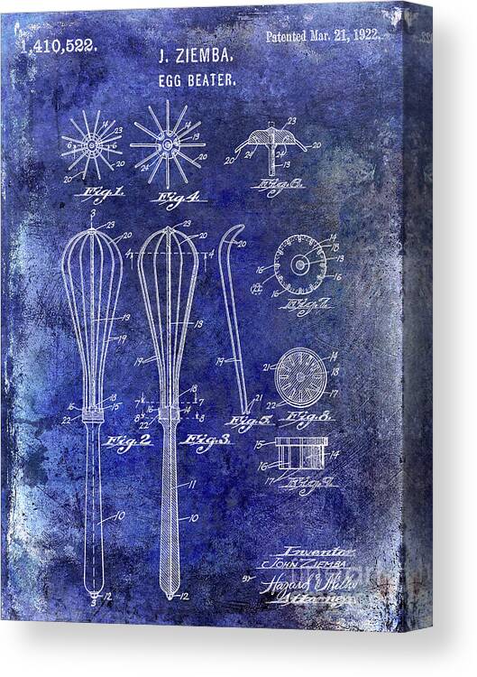 Whisk Or Mixer Patent Canvas Print featuring the photograph 1922 Egg Beater Patent Blue by Jon Neidert