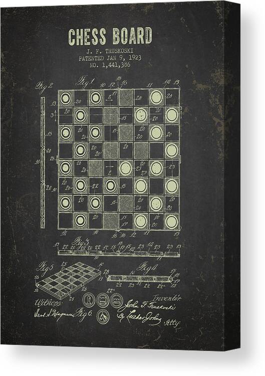 Patent Canvas Print featuring the digital art 1923 Chess Board Patent - Dark Grunge by Aged Pixel