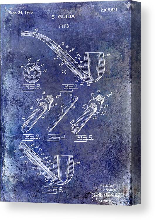 Pipe Patent Canvas Print featuring the photograph 1935 Pipe Patent Blue by Jon Neidert