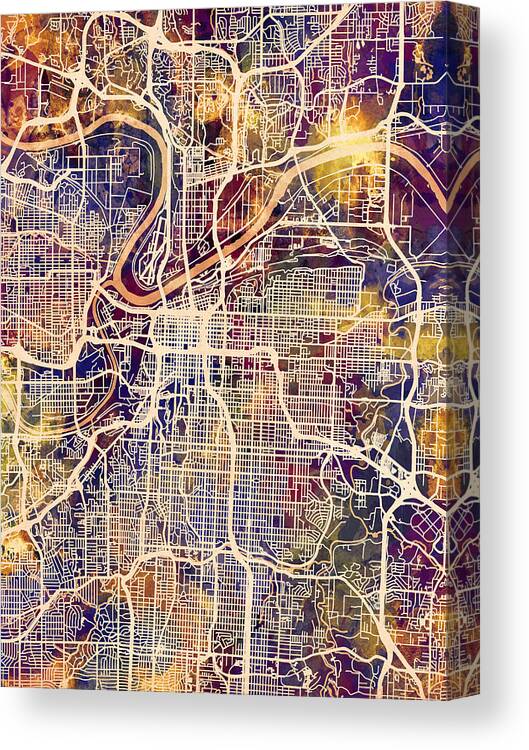 Kansas City Canvas Print featuring the digital art Kansas City Missouri City Map #2 by Michael Tompsett