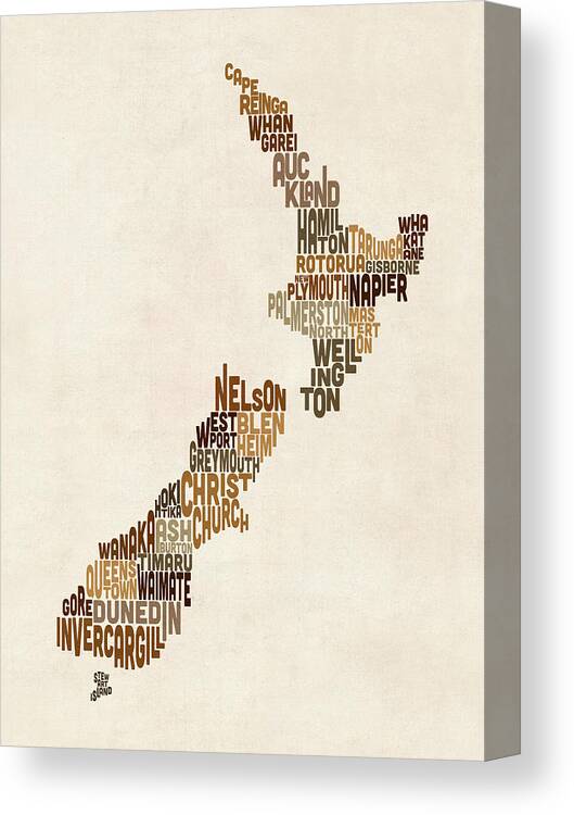 New Zealand Map Canvas Print featuring the digital art New Zealand Typography Text Map #2 by Michael Tompsett