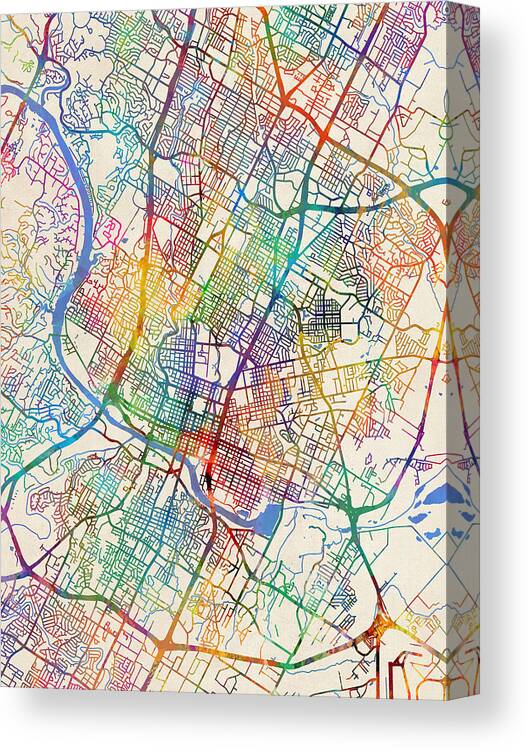 Austin Canvas Print featuring the digital art Austin Texas City Map #4 by Michael Tompsett
