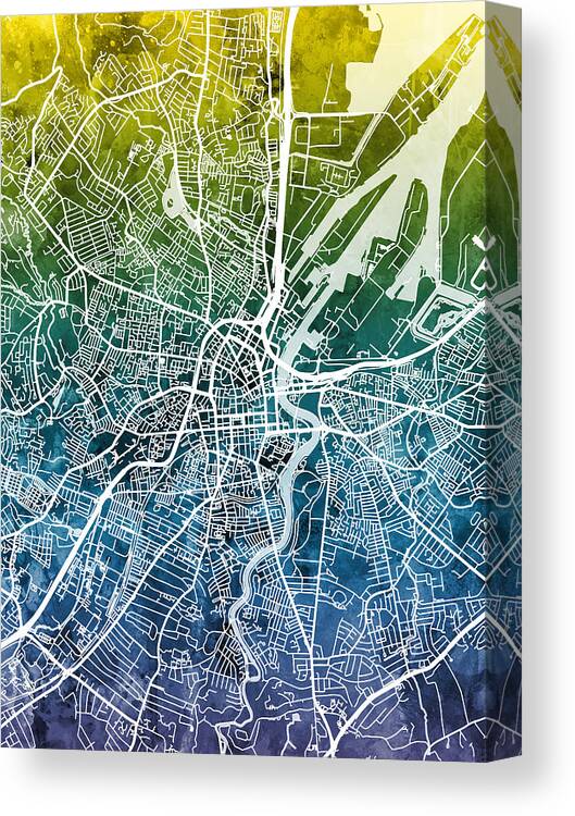 Belfast Canvas Print featuring the digital art Belfast Northern Ireland City Map #4 by Michael Tompsett