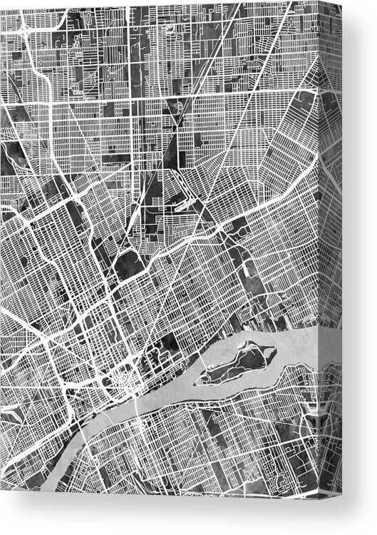 Detroit Canvas Print featuring the digital art Detroit Michigan City Map #5 by Michael Tompsett