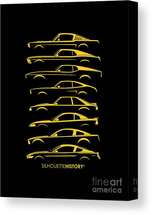 Ford Mustang Canvas Print featuring the digital art American Stallion SilhouetteHistory Yellow #1 by Gabor Vida
