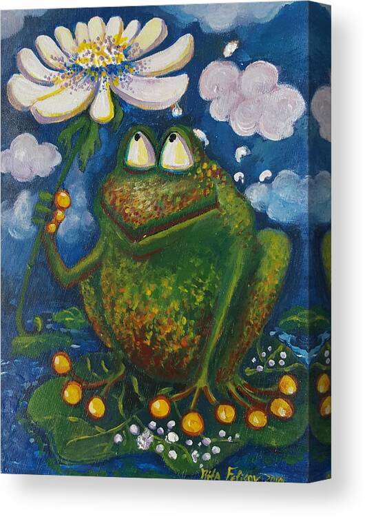 Frog Canvas Print featuring the painting Frog in the Rain by Rita Fetisov