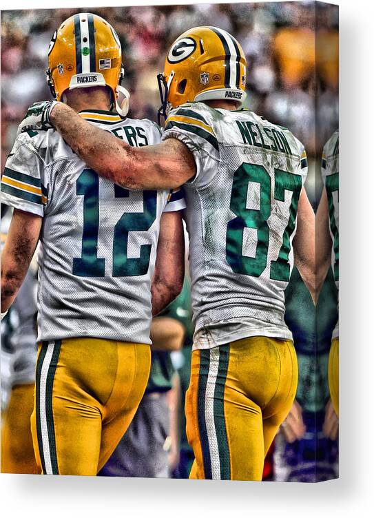 Aaron Rodgers Canvas Print featuring the painting Aaron Rodgers Jordy Nelson Green Bay Packers Art by Joe Hamilton
