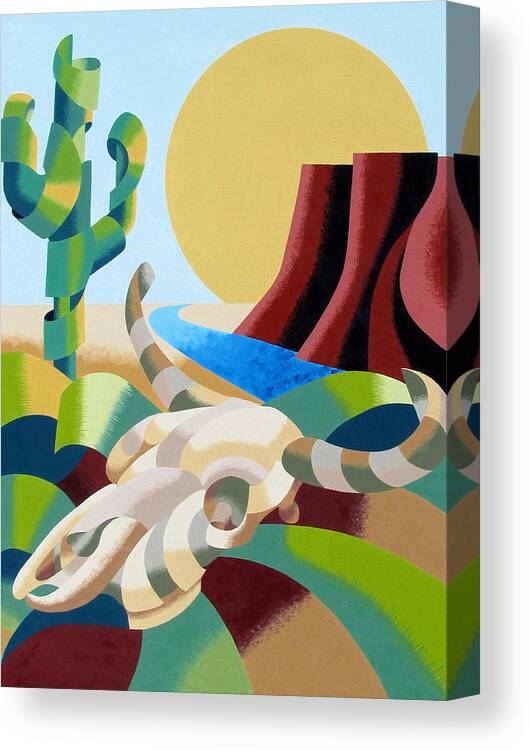 Bull Canvas Print featuring the painting Abstract Futurist Soutwestern Desert Landscape Oil Painting by Mark Webster