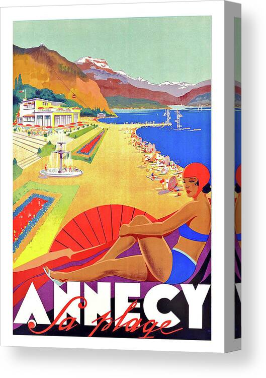 Annecy Canvas Print featuring the painting Annecy beach lake, France, bikini woman by Long Shot