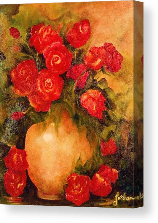 Red Roses In Vase Canvas Print featuring the painting Antique Red Roses by Jordana Sands