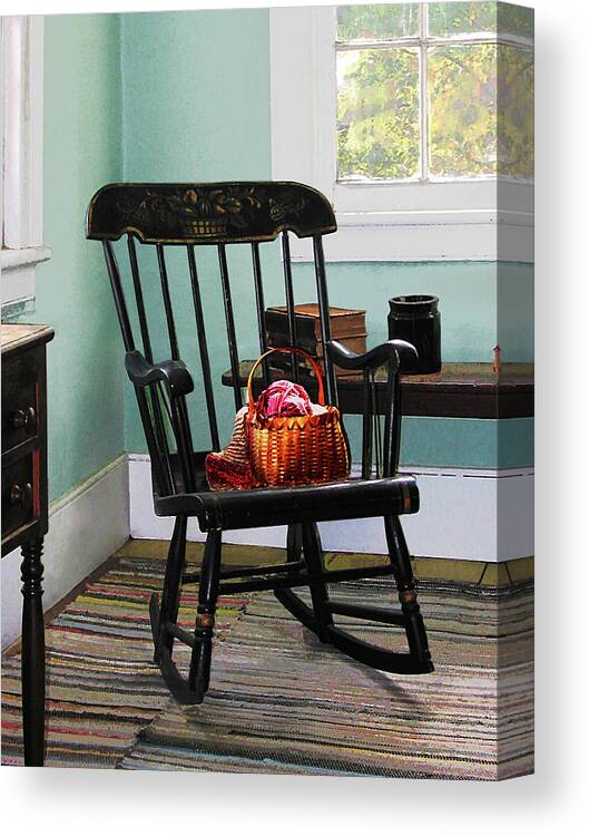 Rocking Chair Canvas Print featuring the photograph Basket of Yarn on Rocking Chair by Susan Savad