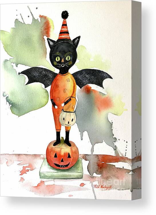 Bat Canvas Print featuring the painting Batty Vintage Cat by Hilda Vandergriff