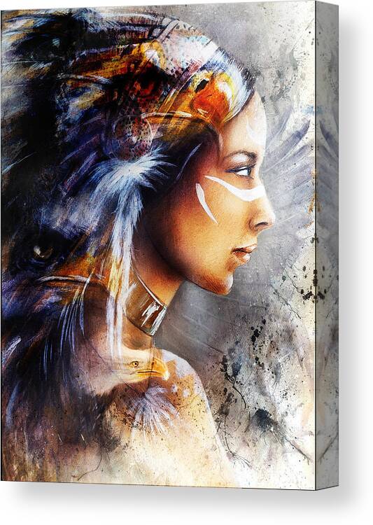 Beautiful Painting Of Native American Indian Woman With Eagleon An