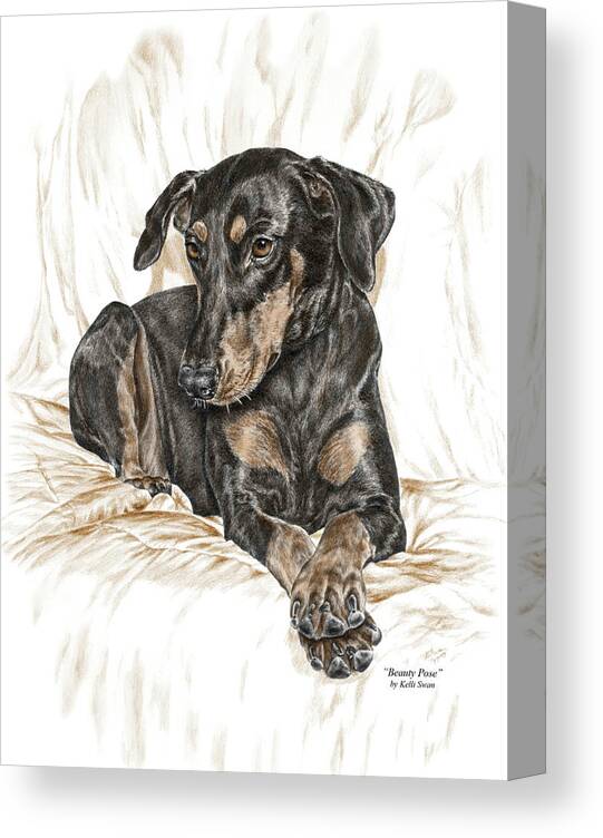 Doberman Canvas Print featuring the drawing Beauty Pose - Doberman Pinscher Dog with Natural Ears by Kelli Swan