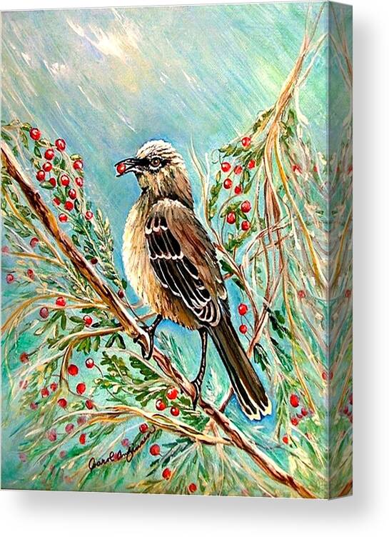 Mocking Bird Canvas Print featuring the painting Berry picking time by Carol Allen Anfinsen