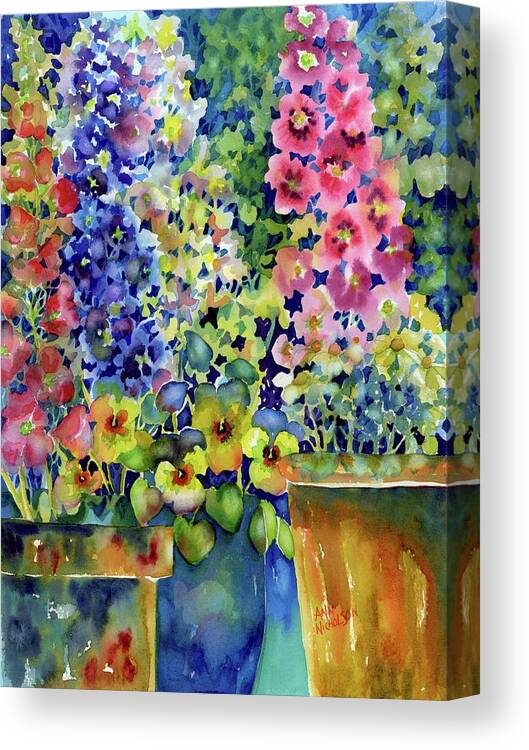 Watercolor Canvas Print featuring the painting Blooms in Pots by Ann Nicholson