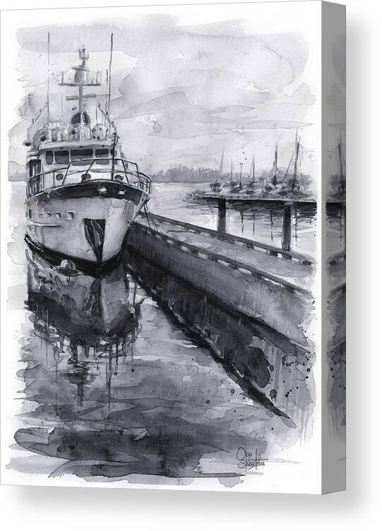 Kirkland Canvas Print featuring the painting Boat on Waterfront Marina Kirkland Washington by Olga Shvartsur