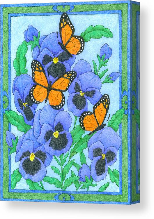 Flower Canvas Print featuring the drawing Butterfly Idyll-Pansies by Alison Stein