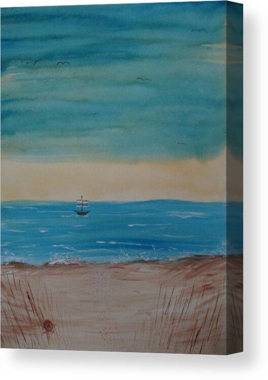 Abstract Sea Ocean Water Beach Sand Grasses Landscape Vacation Canvas Print featuring the painting By The Seaside, By The Beautiful Sea by Sharyn Winters
