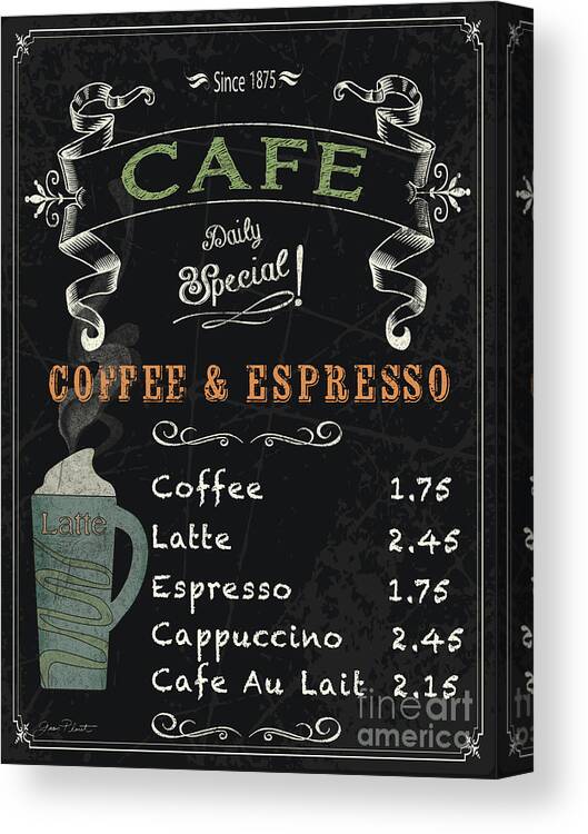 Jean Plout Canvas Print featuring the painting Cafe Blackboard Coffee Menu-JP3046 by Jean Plout