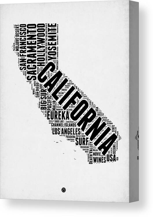 California Canvas Print featuring the digital art California Word Cloud Map 2 by Naxart Studio