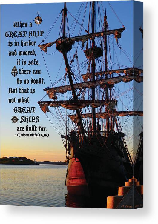 Ship Canvas Print featuring the digital art Celtic Tall Ship - El Galeon in Halifax Harbour at Sunrise by Celtic Artist Angela Dawn MacKay