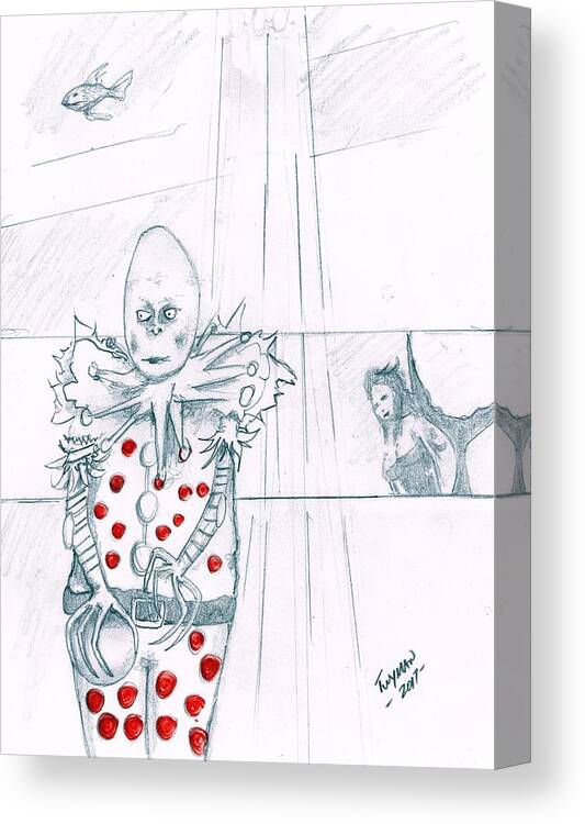 Clown Canvas Print featuring the drawing Clown with Crystal Ball and Mermaid by Dan Twyman