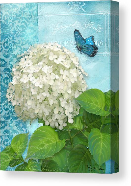 White Hydrangea Canvas Print featuring the painting Cottage Garden White Hydrangea with Blue Butterfly by Audrey Jeanne Roberts