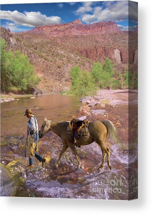 Cowboy Canvas Print featuring the photograph Cowboy and Horse by Larry Mulvehill