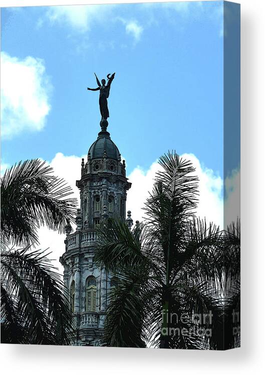 Digital Art Canvas Print featuring the digital art Cuba rooftop w protection statue by Francesca Mackenney