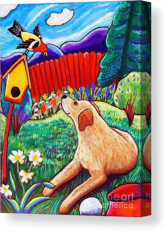 Dog Canvas Print featuring the painting Daisy and the Tanager by Harriet Peck Taylor