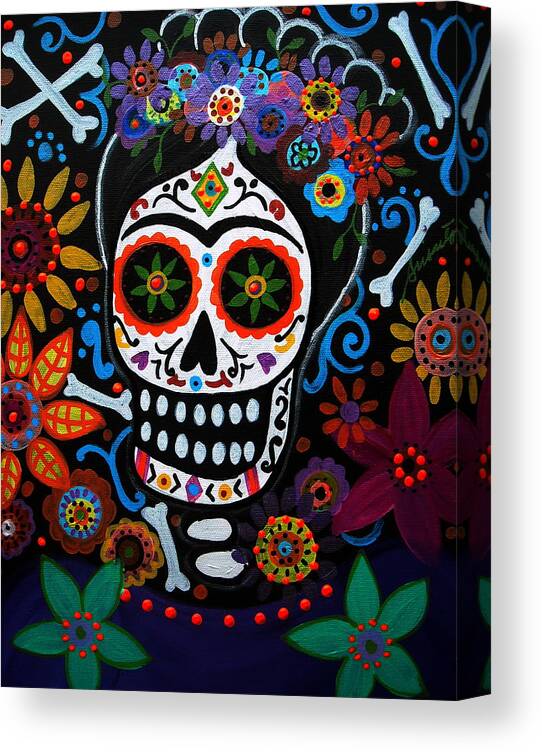 Day Of The Dead Frida Kahlo Painting Prisarts Pristine Cartera Turkus Flowers Florals Blooms Folk Art Artists Mexican Mexico Dia De Los Muertos Canvas Print featuring the painting Day Of The Dead Frida Kahlo Painting by Pristine Cartera Turkus