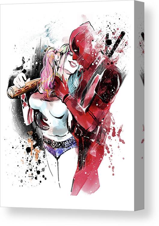 Deadpool Canvas Print featuring the painting Deadpool Harley Quinn kiss by Unique Drawing