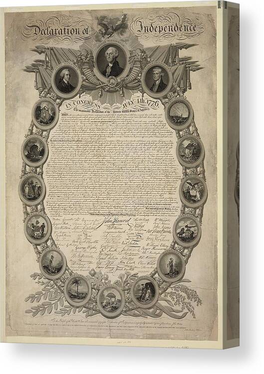 John Binns' Version Of The Declaration Of Independence With Portraits By Longacre Canvas Print featuring the painting Declaration of Independence by John Binns