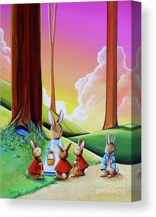 Peter Rabbit Canvas Print featuring the painting Don't Go Into Mr McGregors Garden by Cindy Thornton
