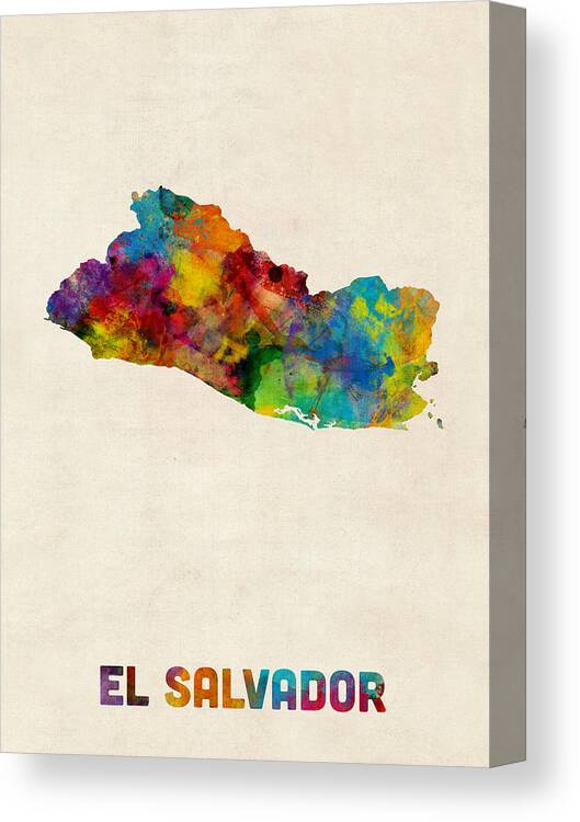 Map Art Canvas Print featuring the digital art El Salvador Watercolor Map by Michael Tompsett