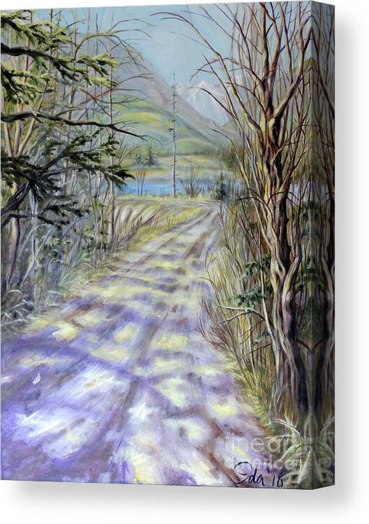 Estuary Sky Water Trees Bushes Branches Evergreens Mountains Road Path Landscape River Grasses Yellow Brown Green Blue White Purple Orange Sunlight Shade Shadows Canvas Print featuring the painting End Of Winter by Ida Eriksen