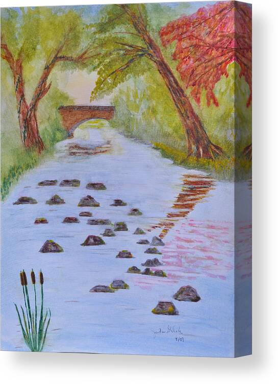 Country Stream And Bridge Canvas Print featuring the painting Fall Stream Land Scape by Jonathan Galente