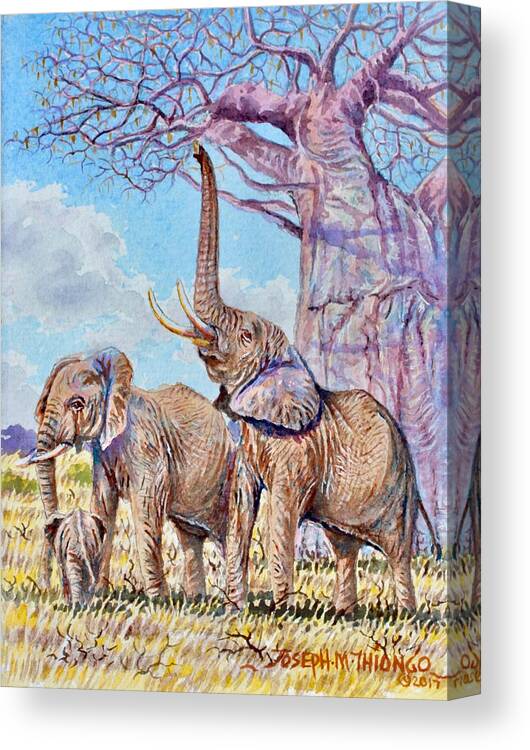 Africa Canvas Print featuring the painting Feeding Elephants by Joseph Thiongo