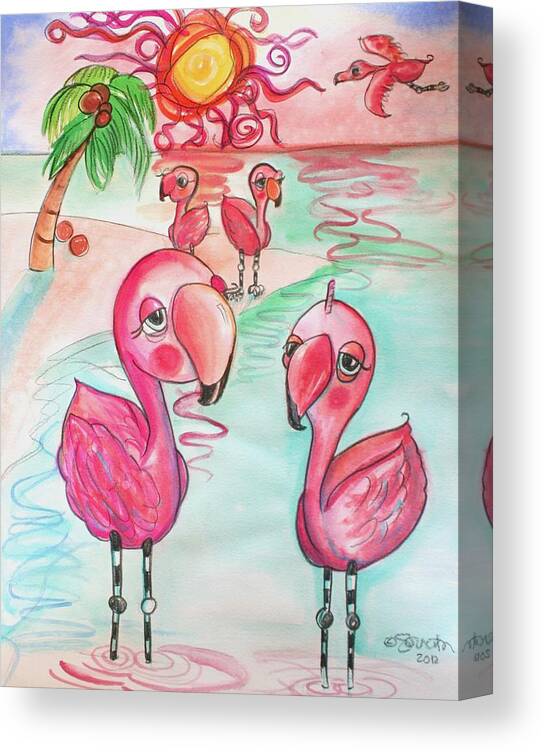 Watercolor Canvas Print featuring the painting Flamingos in the Sun by Shelley Overton