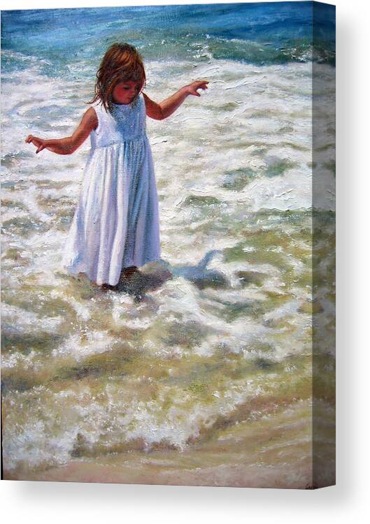 Children At Beach Canvas Print featuring the painting Flying in the Surf by Marie Witte