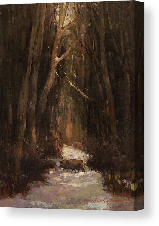Boar Canvas Print featuring the painting Forest Road with Wild Boars by Attila Meszlenyi