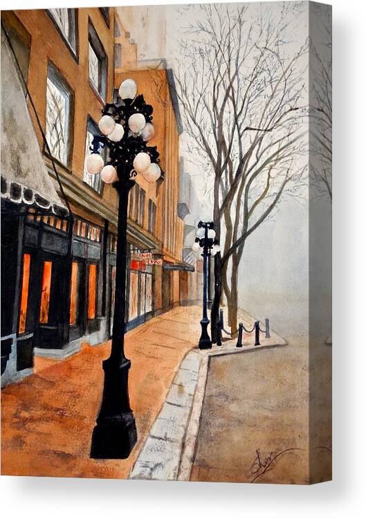 Street Scene Canvas Print featuring the painting Gastown, Vancouver by Sher Nasser