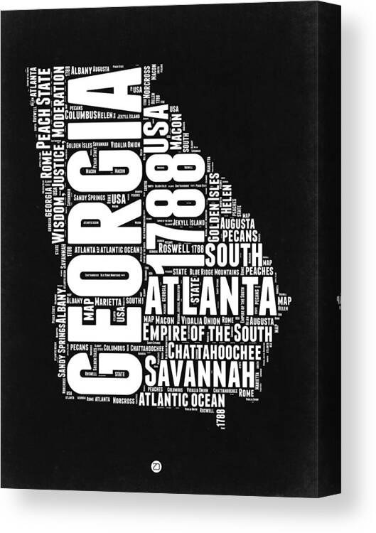 Georgia Canvas Print featuring the digital art Georgia Black and White Word Cloud Map by Naxart Studio