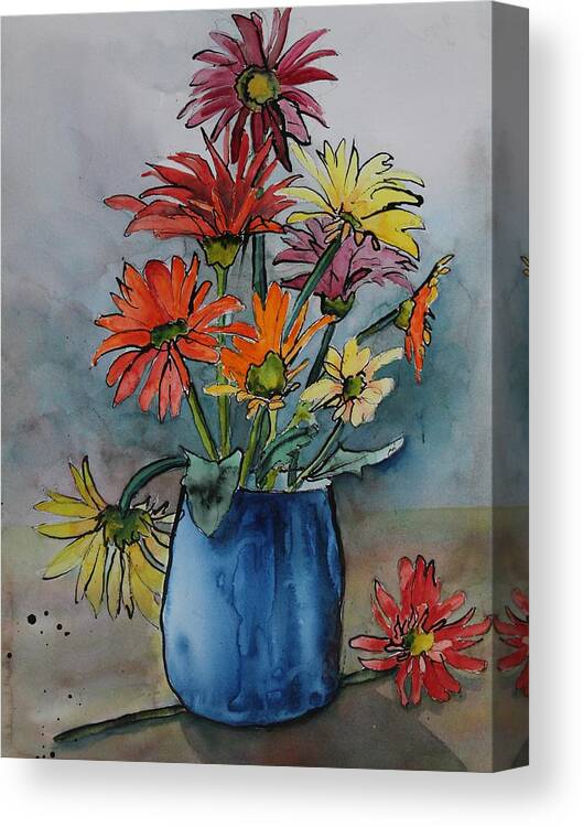 Flowers Canvas Print featuring the painting Gerberas in a Blue Pot by Ruth Kamenev