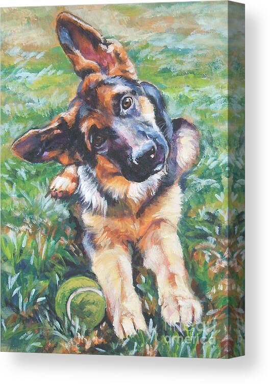 Dog Canvas Print featuring the painting German shepherd pup with ball by Lee Ann Shepard