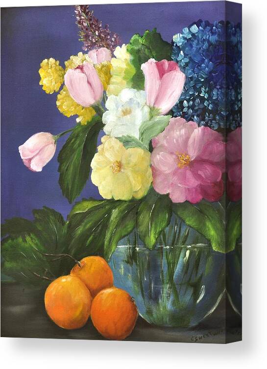 Glass Bowl Canvas Print featuring the painting Glass bowl and oranges by Carol Sweetwood