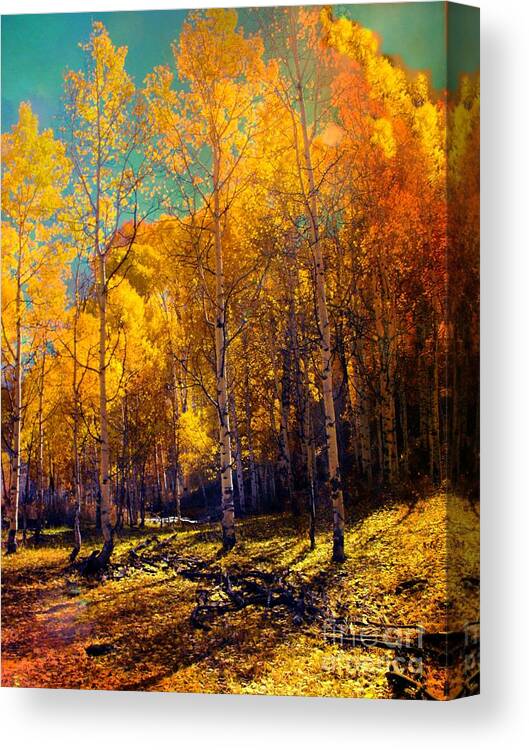 Golden Aspens Uncompahgre Plateau Colorado Canvas Print featuring the digital art Golden Aspens by Annie Gibbons