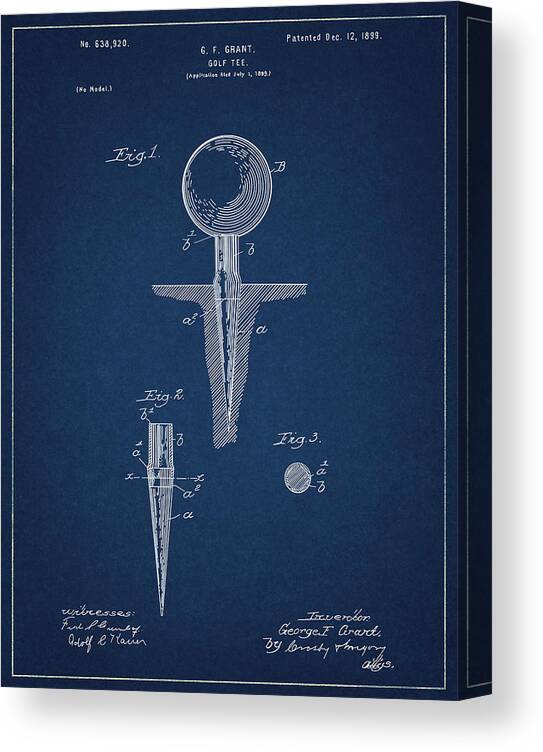 Golf Canvas Print featuring the digital art Golf Tee Patent Drawing Navy Blue by Bekim M